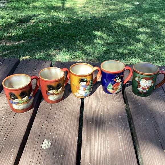 Vintage Glazed Pottery Christmas Mugs Snowman Santa Holiday Set of 5 - Picture 1 of 6
